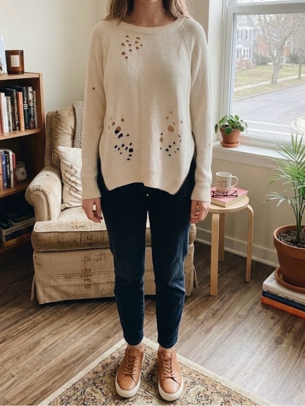 Preloved Express Distressed Side-Zip Knit Sweater Ivory Medium